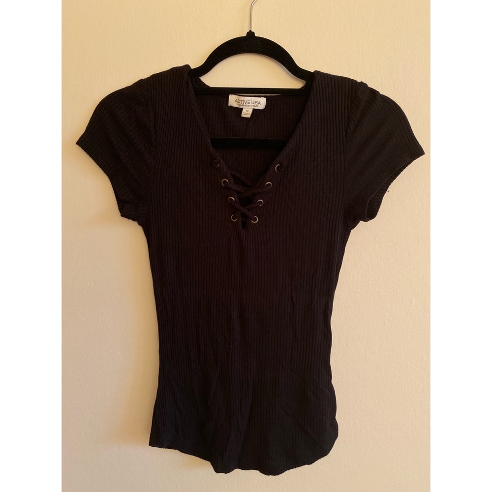 90s ACTIVE USA Ribbed Lace-Up Tie Front Top